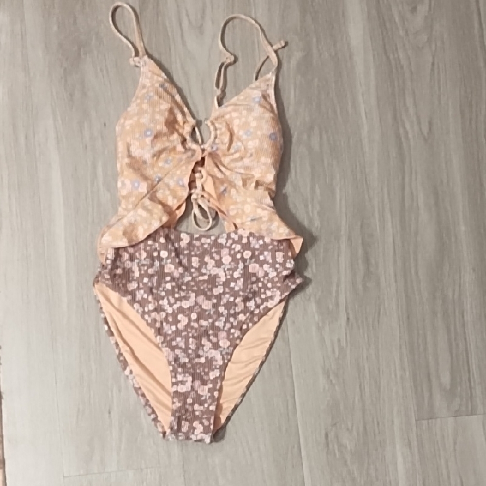 Altar'd State Peach Floral Tie-Detail One-Piece
